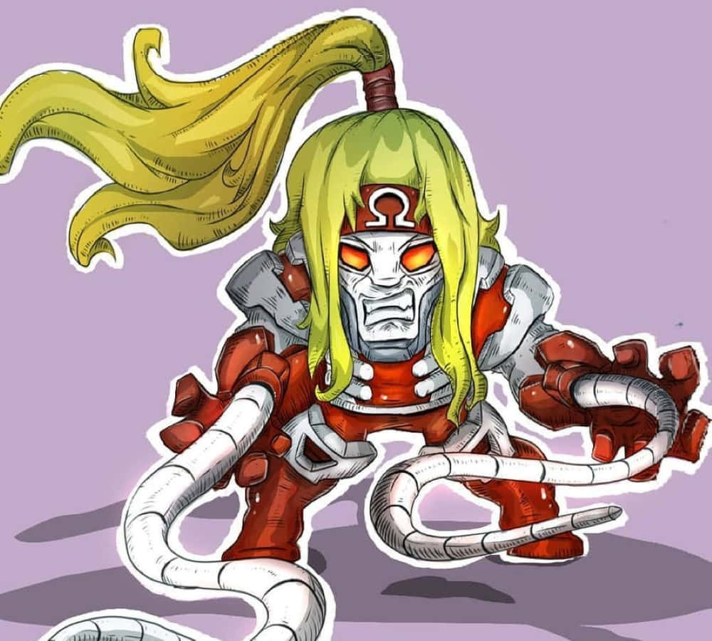 Omega Red 桌布 壁紙 — 一個兇猛的動漫風格機器人戰士，擁有發光的橙色眼睛和飄逸的黃色頭髮，在紫色背景下擺出動態姿勢。