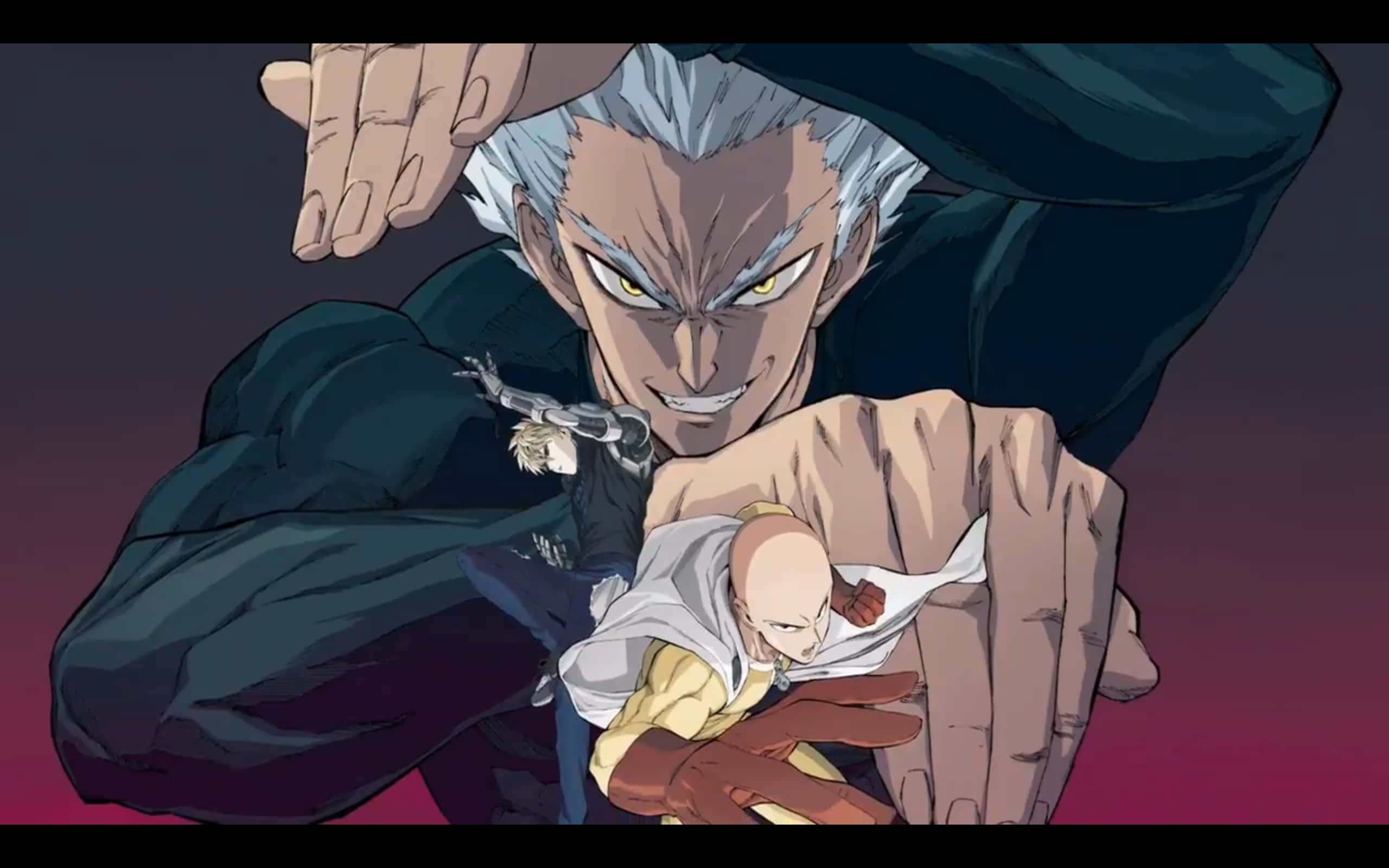 One Punch Man Season 2 桌布 壁紙 — 一個兇猛的動畫反派，白髮黃眼，在深色漸變背景前抓住一個光頭英雄，形成戲劇性的對峙。