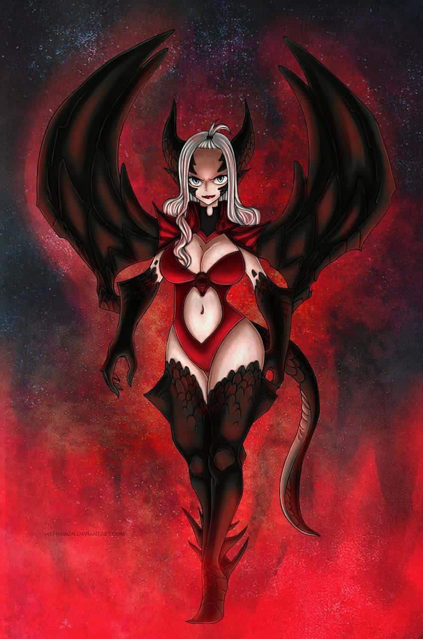 Mirajane Strauss 桌布 壁紙 — 一個兇猛的動畫女惡魔，白色頭髮、黑色翅膀和紅色服裝，站在宇宙紅色和黑色星雲背景前。