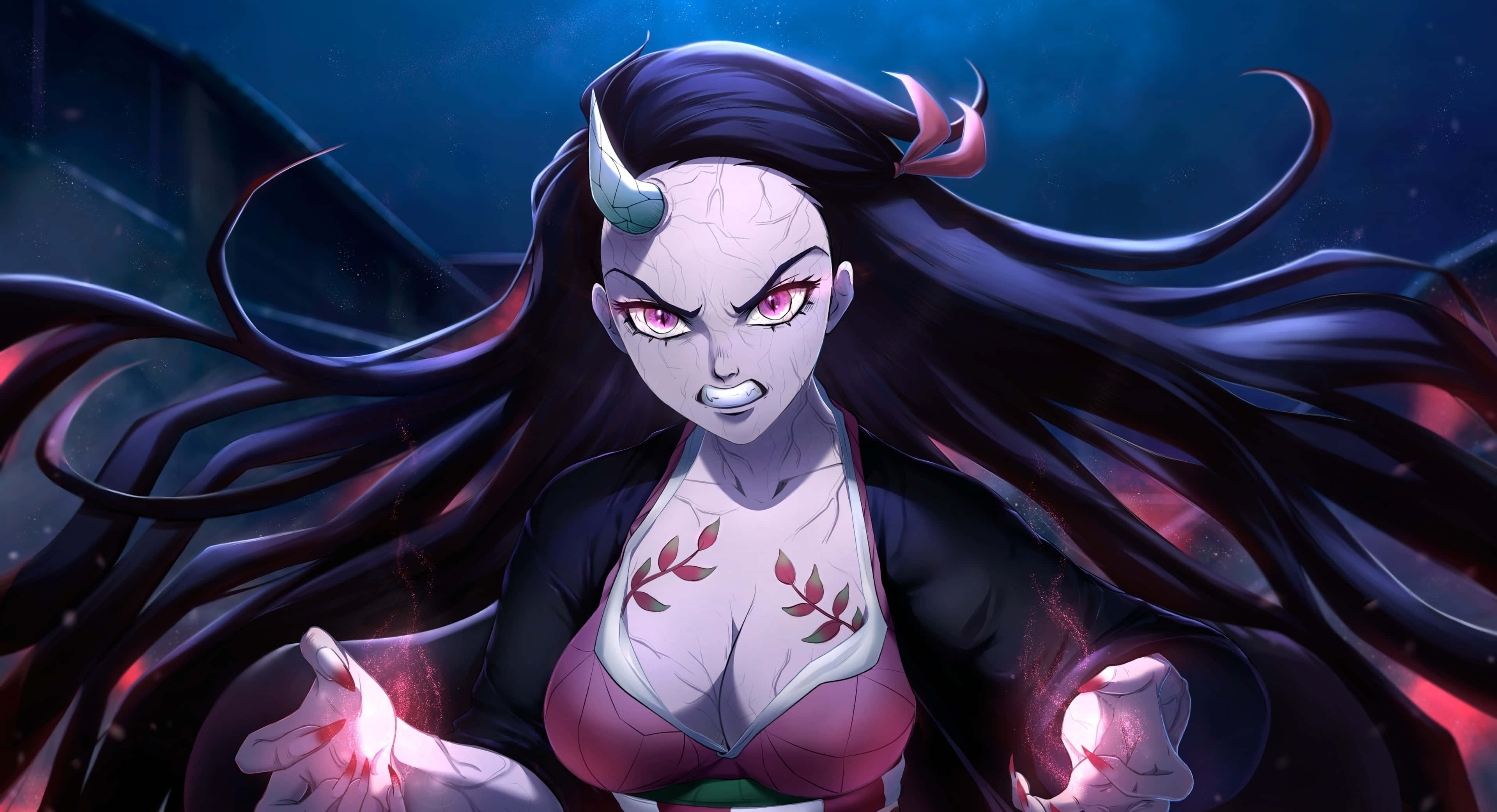 禰豆子 桌布 壁紙 — 一個兇猛的動畫女惡魔，長長的黑髮和發光的粉紅色眼睛，在宇宙藍色背景前從手中釋放出紅色能量。