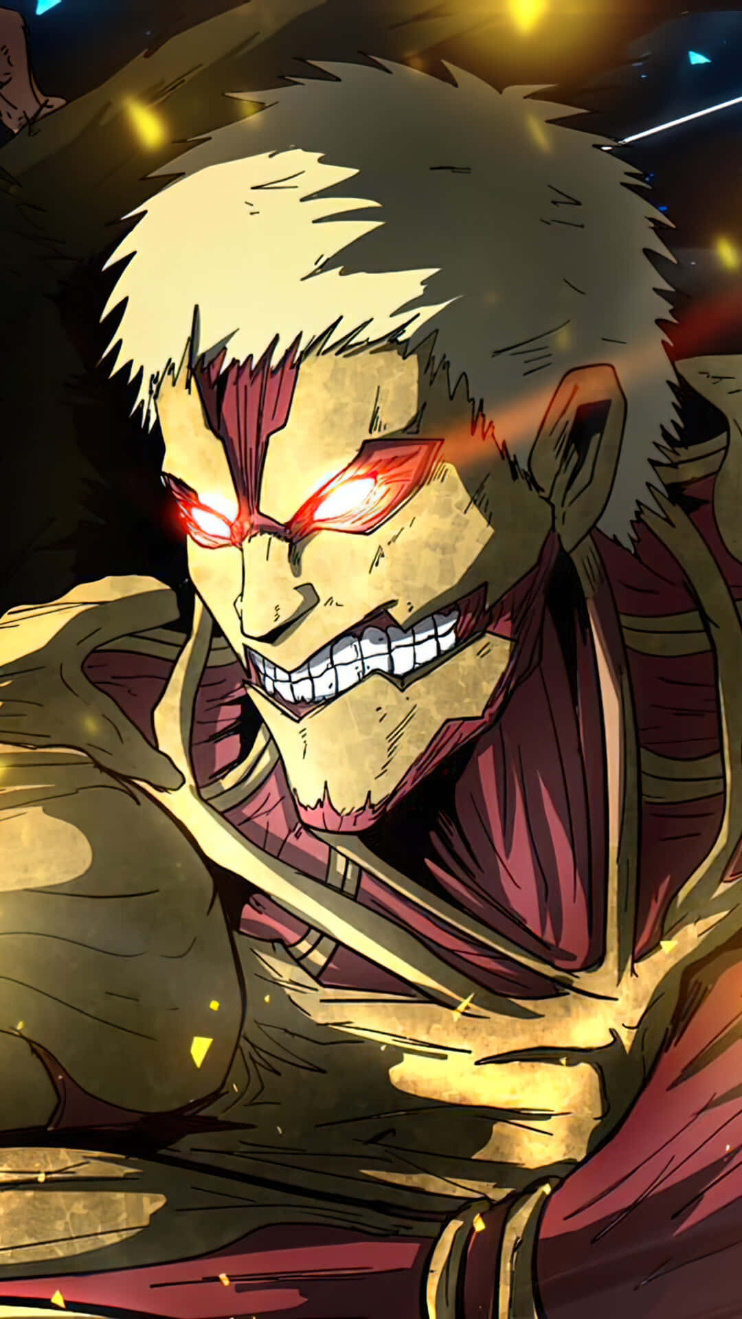 Humanoid Monsters 桌布 壁紙 — 一個兇猛的動畫巨人，擁有發光的紅色眼睛和尖刺的白髮，在戲劇性的金色燈光下威嚇地咆哮。