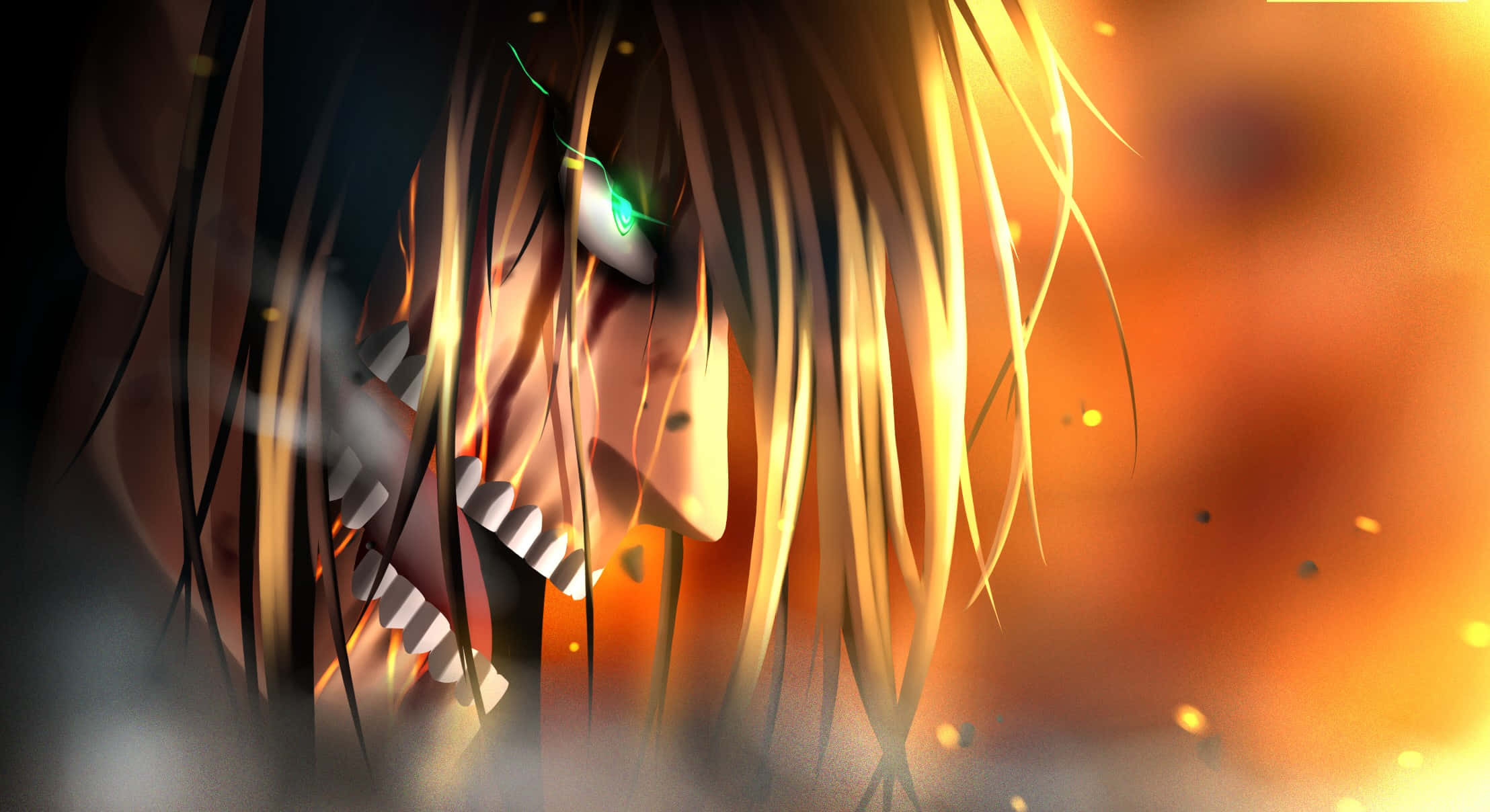 Attack On Titan Laptop 桌布 壁紙 — 一個兇猛的動畫巨人，擁有發光的綠色眼睛和鋒利的牙齒，從熾熱的橙色火焰中出現。