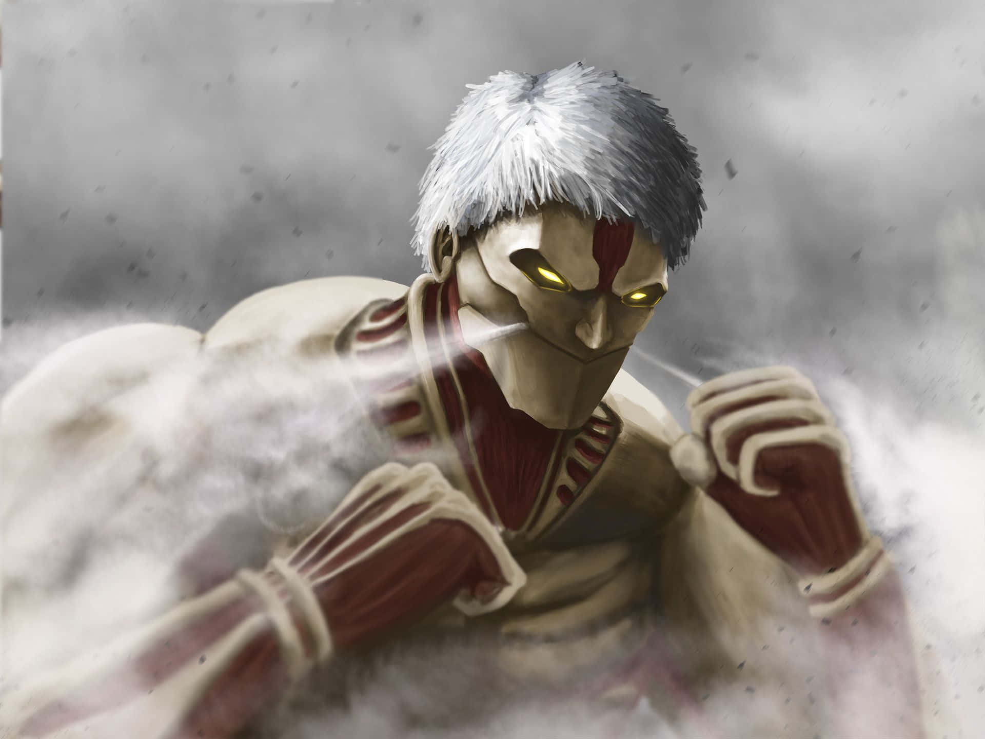 Armored Titan 桌布 壁紙 — 一個兇猛的動畫巨人，擁有發光的黃色眼睛和白色頭髮，在戲劇性的戰鬥場景中穿過旋轉的迷霧向前衝刺。