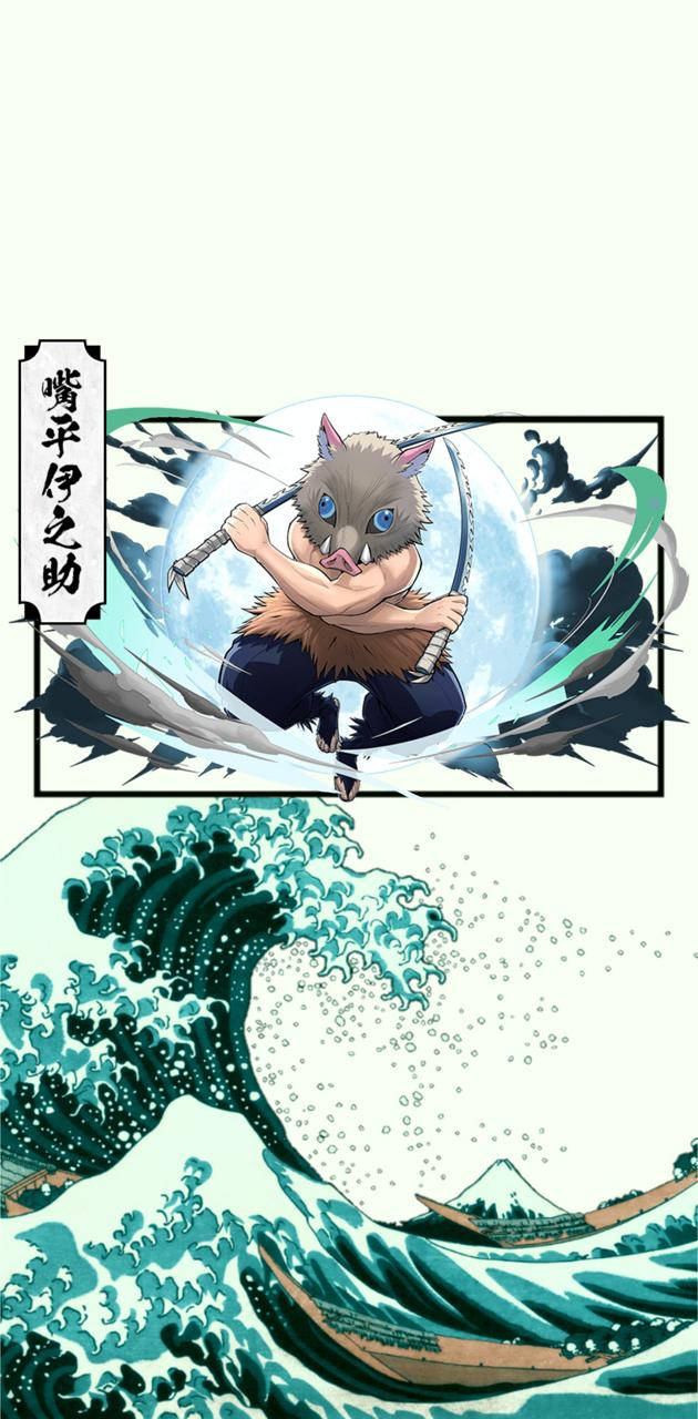 鬼滅之刃 桌布 壁紙 — 一個兇猛的動畫惡魔戰士在受葛飾北齋《神奈川沖浪裏》啟發的巨浪頂端戰鬥，遠處可見富士山。
