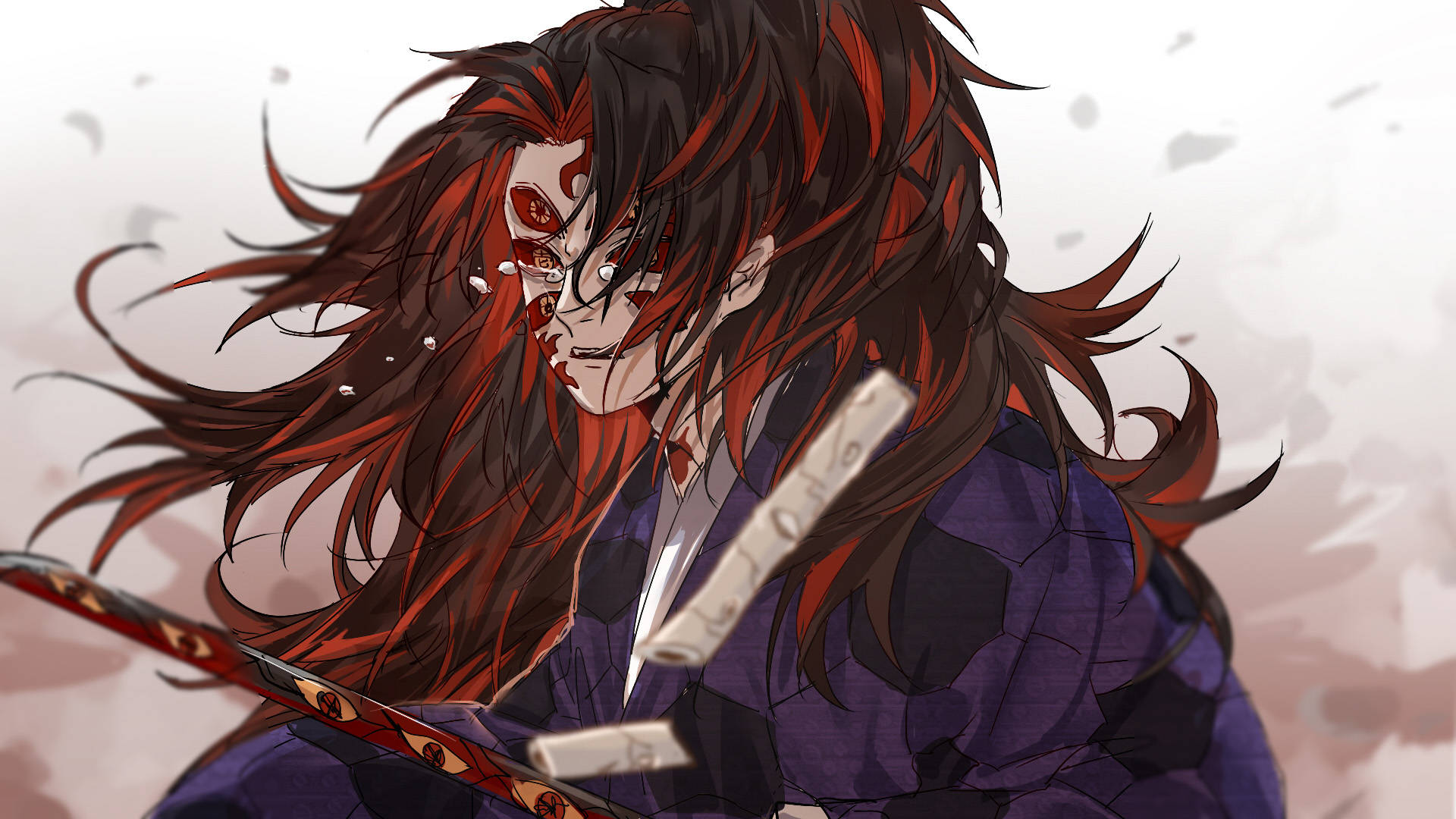 桌布 壁紙 — 一個兇猛的動畫惡魔武士，擁有長長的紅黑頭髮和發光的紅色眼睛，在柔和的粉紅色和灰色背景上揮舞著武士刀。