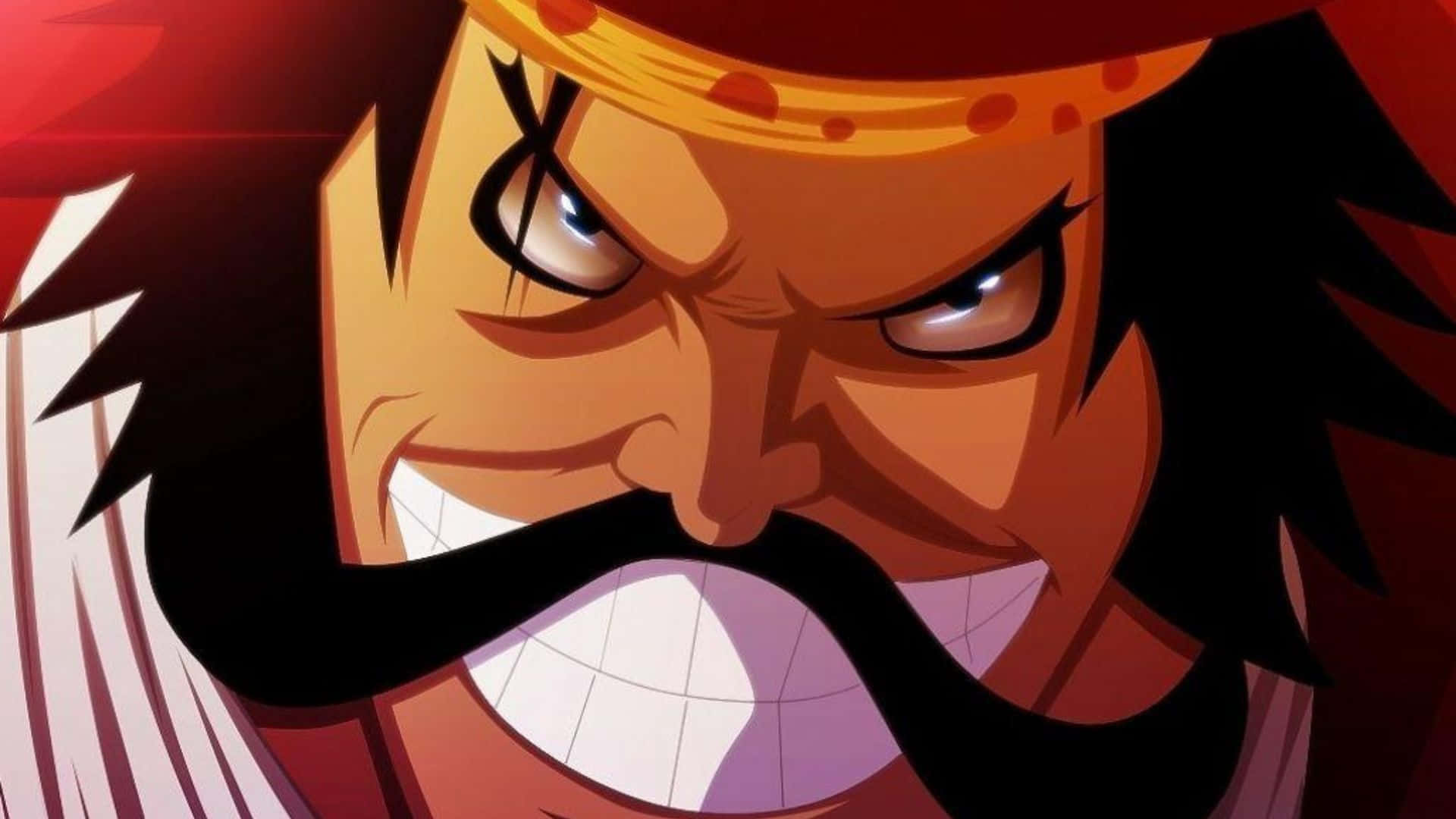 King Of The Pirates 桌布 壁紙 — 一個兇猛的動畫海盜，留著濃密鬍鬚和紅色頭巾，用發光的眼睛怒視。