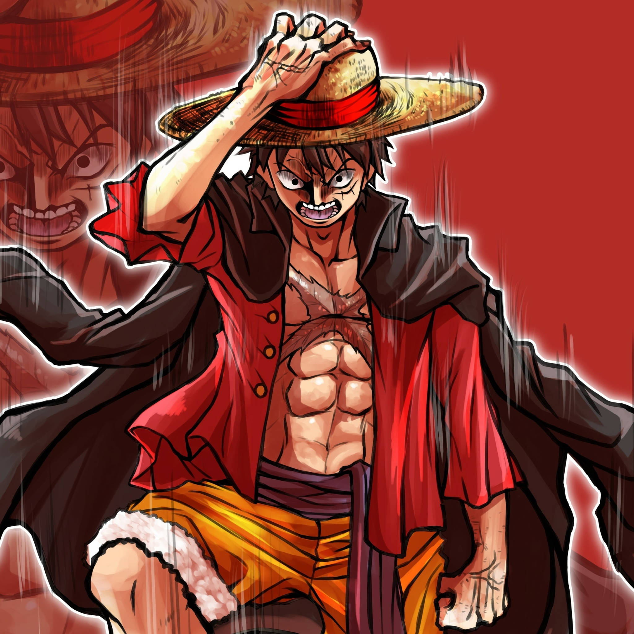 angry anime 桌布 壁紙 — 一個兇猛的動畫海盜戴著草帽，在火紅背景的雨中抓著自己的頭。