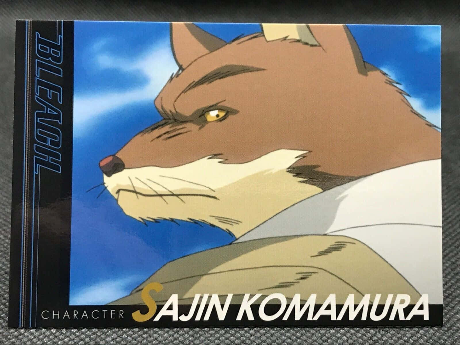 Sajin Komamura 桌布 壁紙 — 一個兇猛的動畫狐狸角色，金色眼睛和棕色毛髮，在明亮的藍天下專注地凝視。
