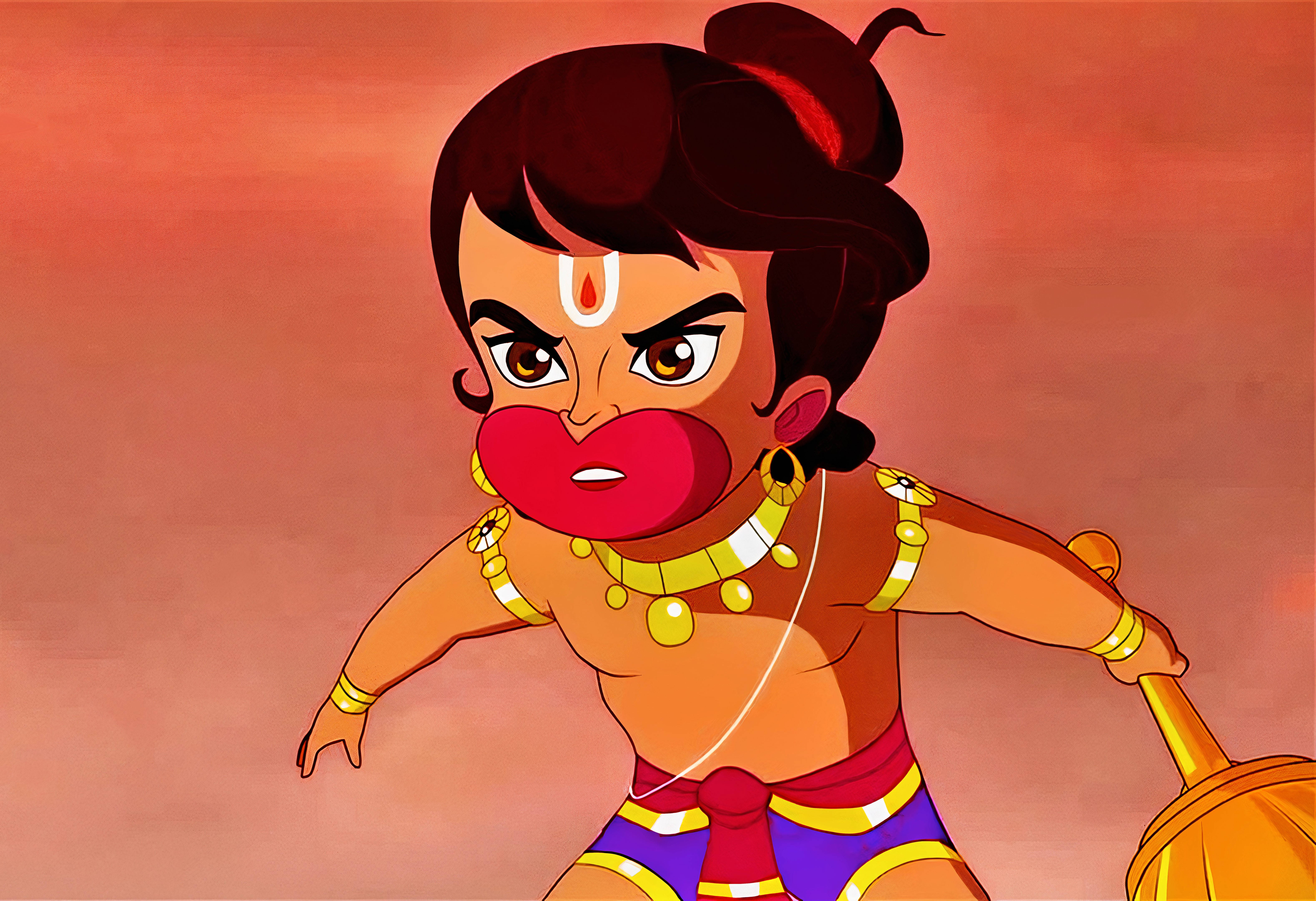 angry hanuman 桌布 壁紙 — 一個兇猛的動畫男孩，紅唇和金飾，準備好拿著武器，背景是溫暖的橙色。