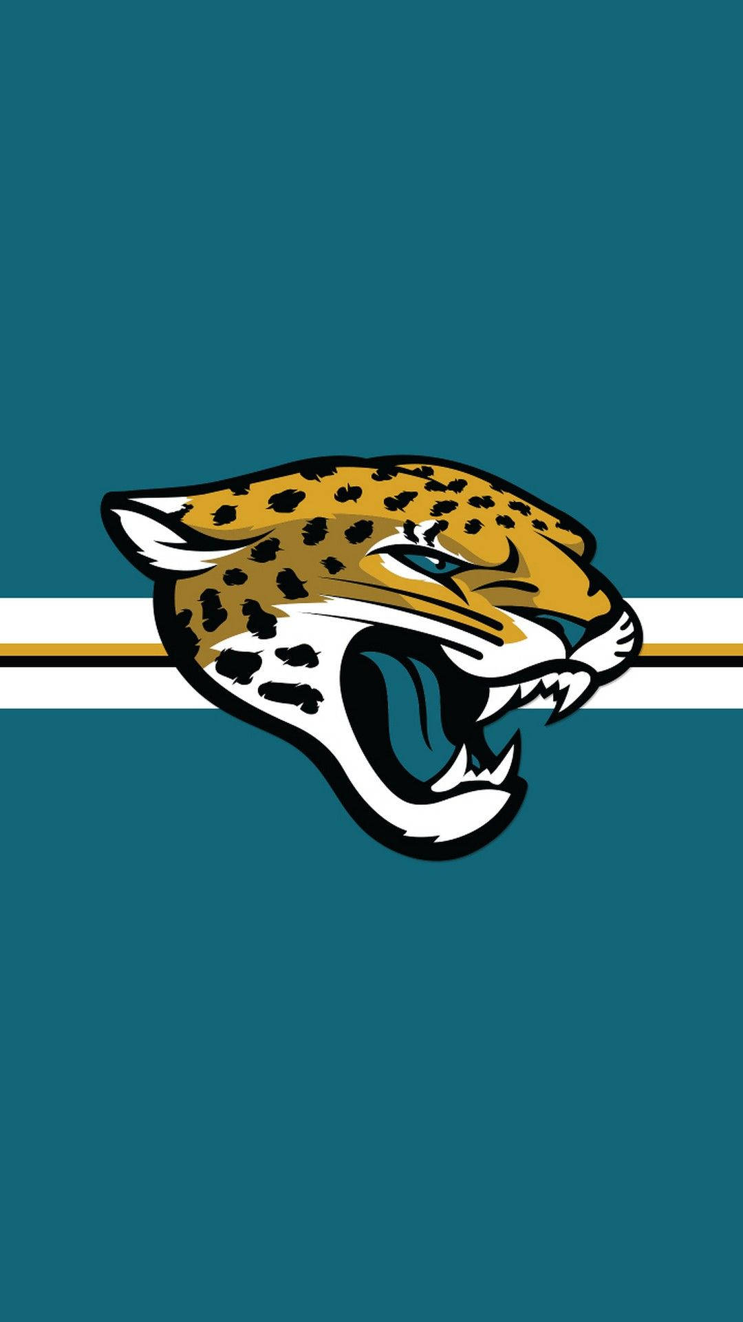 Jaguars 桌布 壁紙 — 一個兇猛的卡通美洲虎頭標誌在帶有白色和金色條紋的藍綠色背景上咆哮。
