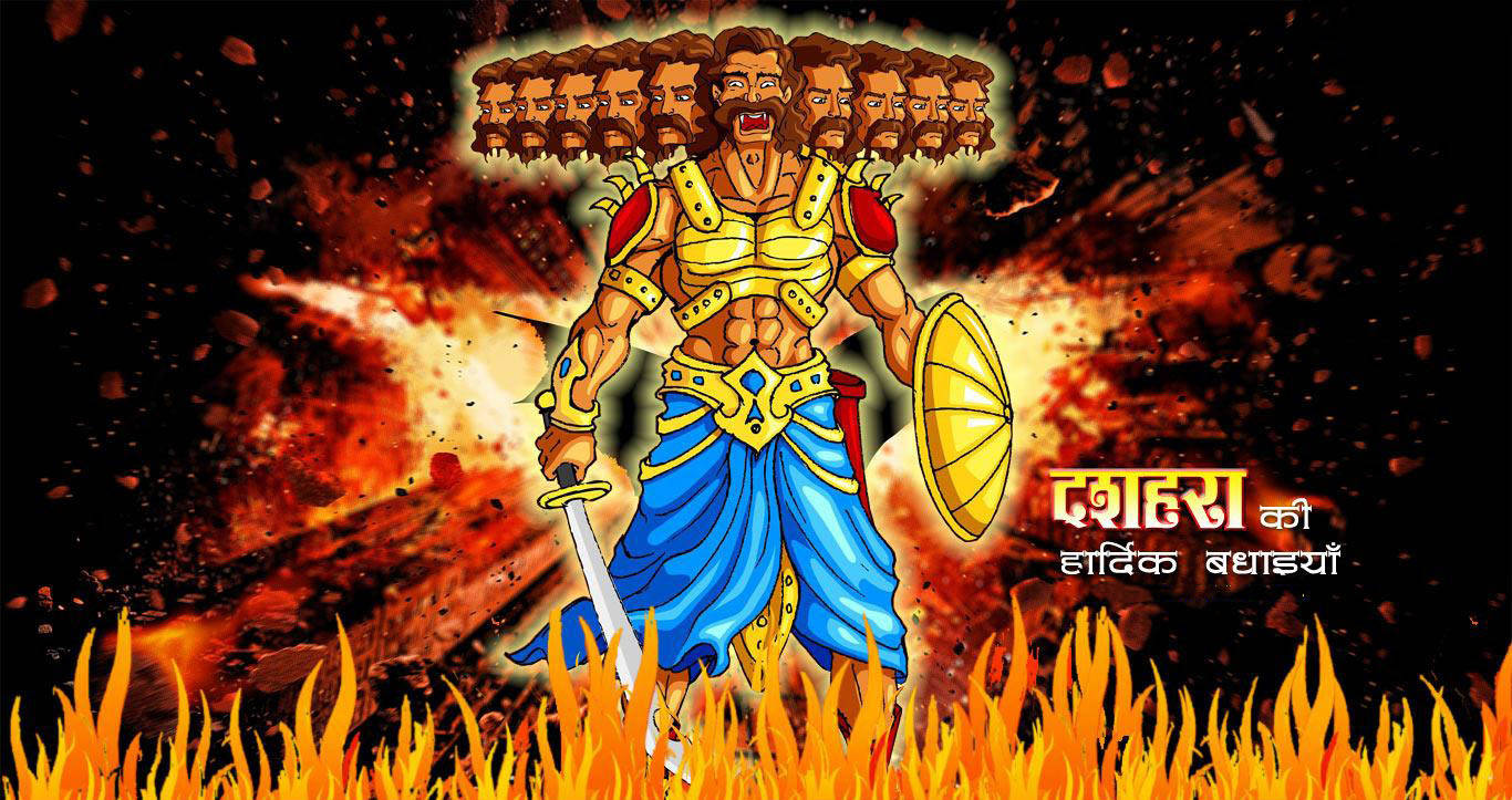 Ravana 桌布 壁紙 — 一個兇猛的多頭戰士，身穿金色鎧甲和藍色多蒂，手持劍和盾牌，站在咆哮的火焰中。
