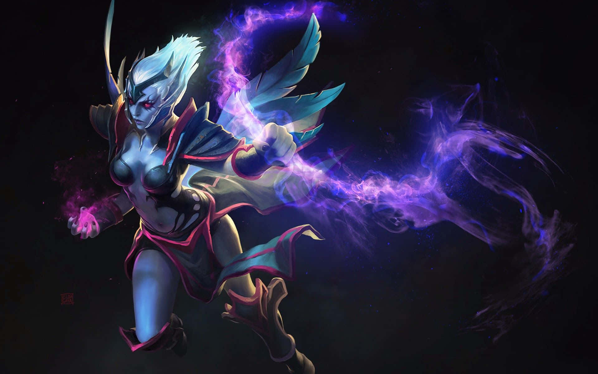 HD Dota 2 桌布 壁紙 — 一個兇猛的奇幻戰士，擁有發光的紫色能量翅膀和閃電，在黑暗的宇宙環境中在她周圍劈啪作響。