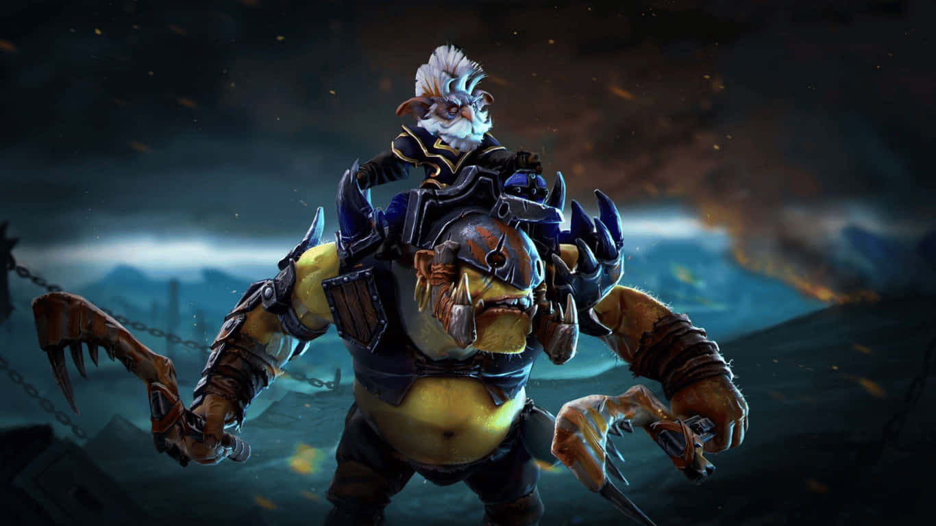 1366x768 Dota 2 桌布 壁紙 — 一個兇猛的奇幻獸人戰士，擁有發光的眼睛和尖刺盔甲，在黑暗暴風雨的天空下威風凜凜地站立。