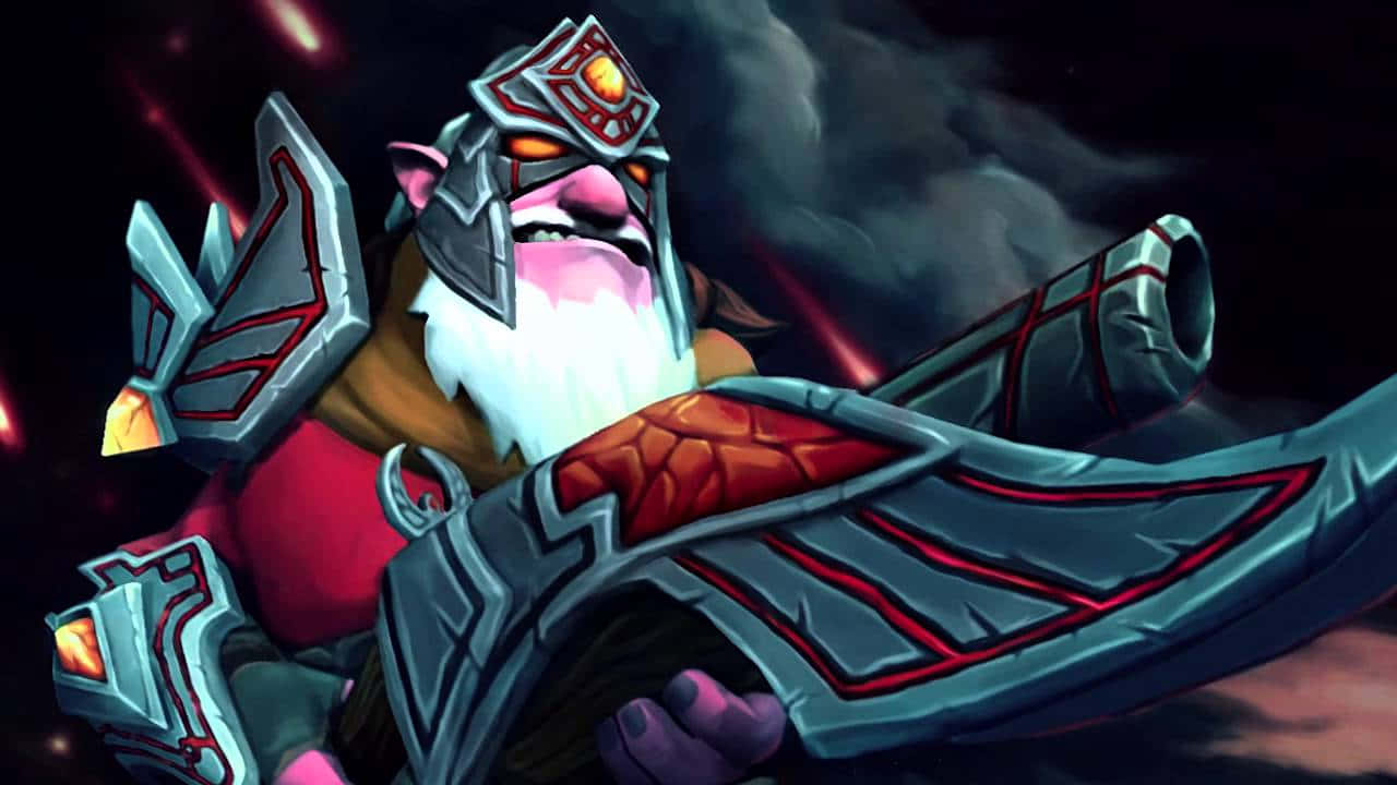 Dota 2 Sniper 桌布 壁紙 — 一個兇猛的奇幻矮人戰士，擁有發光的橙色眼睛和白色鬍鬚，在黑暗暴風雨的天空下揮舞著一把巨大的華麗斧頭。