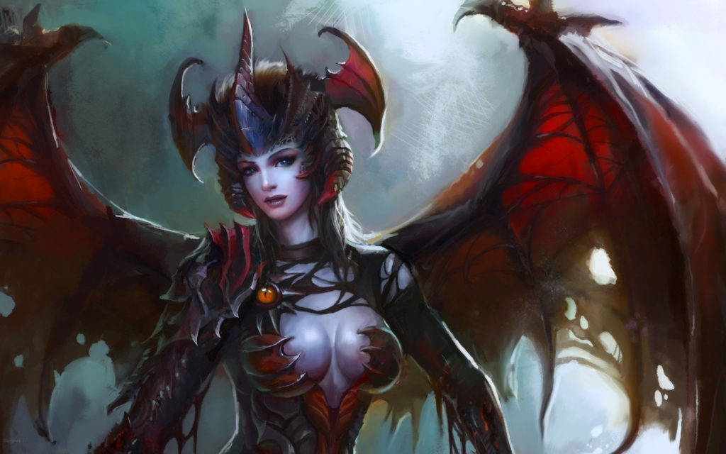 Succubus 桌布 壁紙 — 一個兇猛的女惡魔，擁有紅色翅膀和華麗盔甲，站在霧濛濛的灰色背景前。