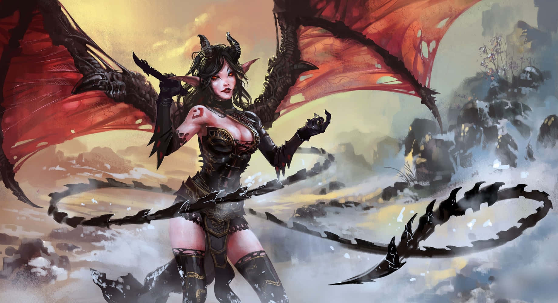 動漫惡魔 桌布 壁紙 — 一個兇猛的女惡魔，擁有紅色翅膀和黑色角，在金色天空下，對著煙霧瀰漫的戰場揮舞帶刺的鞭子。