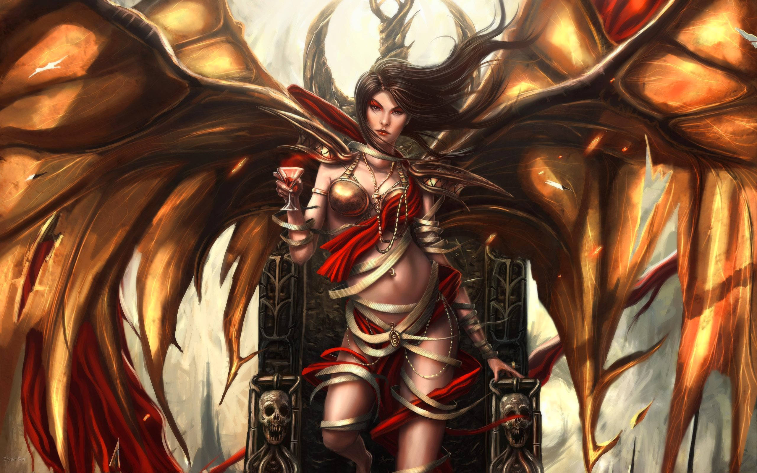 吸血鬼 桌布 壁紙 — 一個兇猛的女惡魔，擁有金色翅膀和紅色服飾，坐在王座上，手持酒杯。