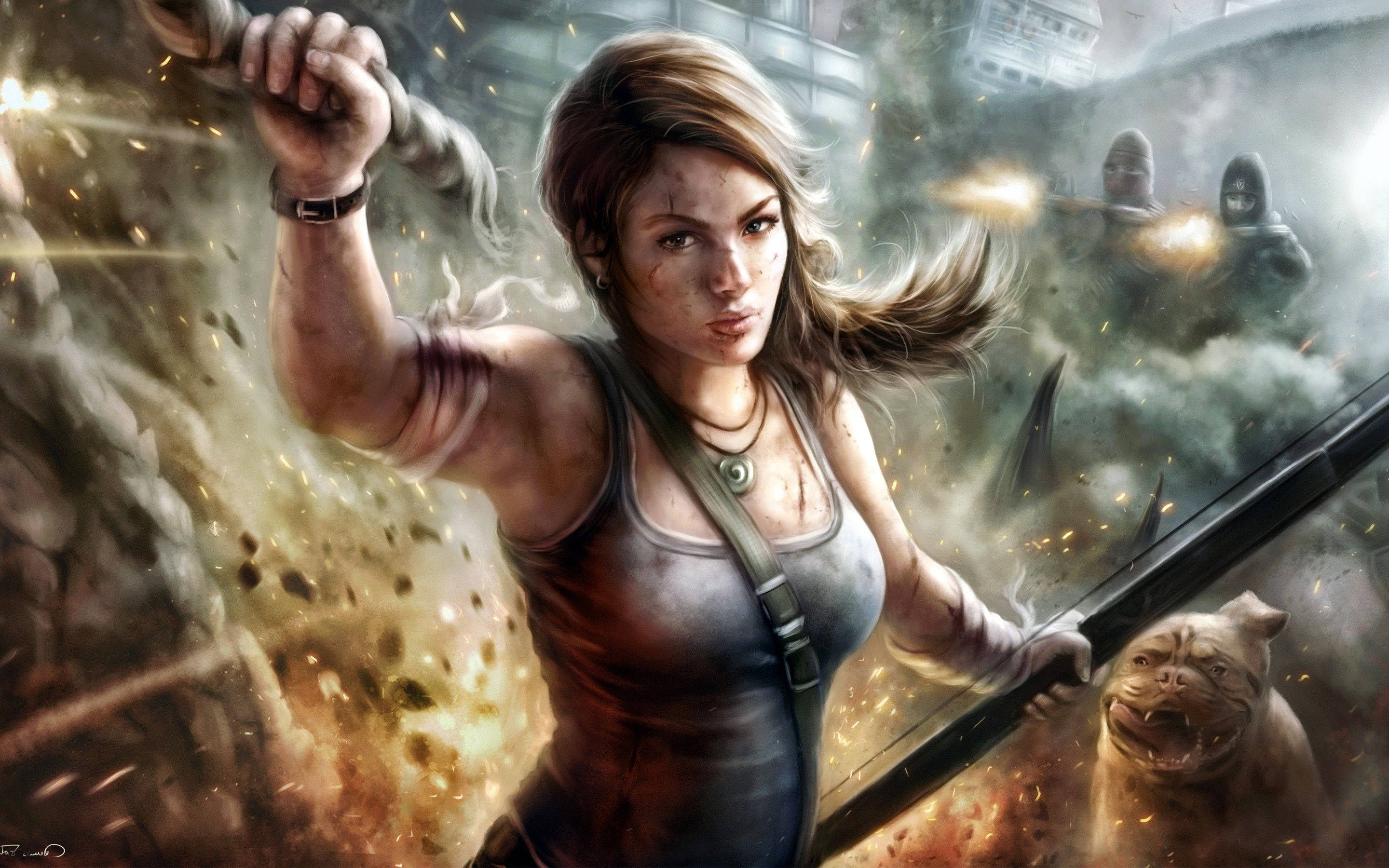 Tomb Raider Game 桌布 壁紙 — 一個兇猛的女戰士在熾熱的爆炸和武裝敵人中揮舞著帶刺的棍棒和步槍，身處混亂的戰鬥場景。