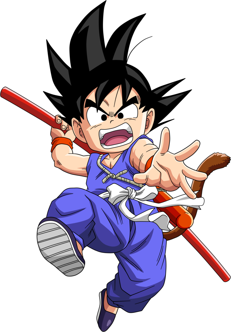 kid goku 桌布 壁紙 — 一個兇猛的年輕動漫戰士穿著藍色道服，手持發光的紅色法杖，帶著憤怒的表情在黑色背景前向前跳躍。