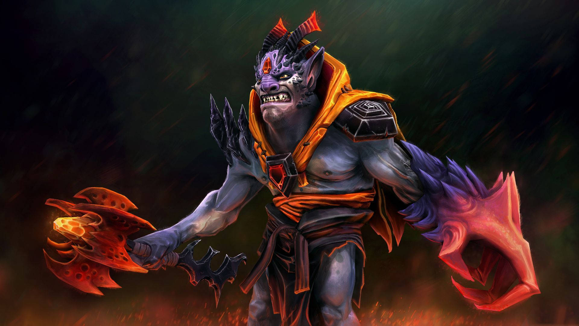 Dota 2 桌布 壁紙 — 一個兇猛的惡魔戰士，擁有紫色皮膚和火焰武器，站在黑暗風暴的環境中。