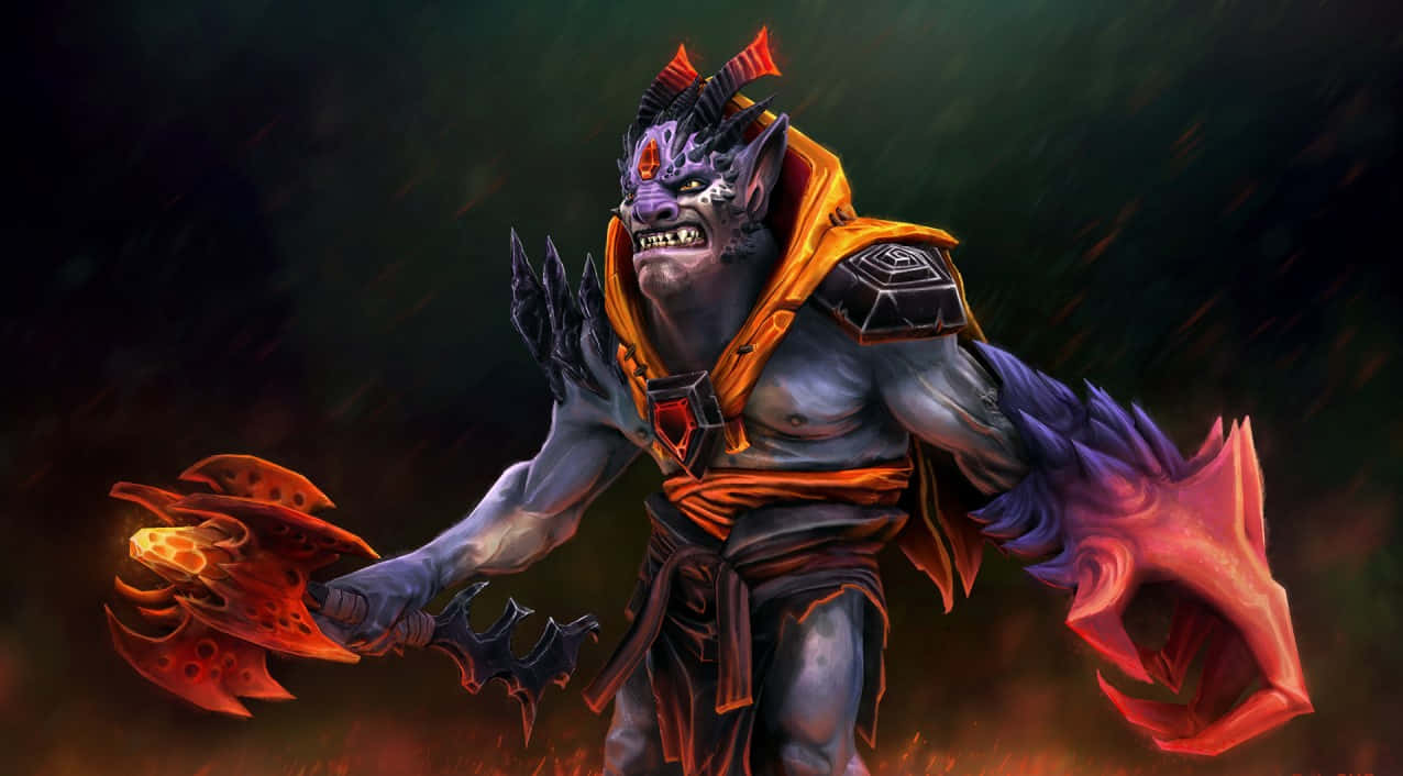 電玩遊戲 桌布 壁紙 — 一個兇猛的惡魔戰士，紫色皮膚，橙色火焰盔甲，在黑暗暴風雨背景下揮舞著發光的紅色武器。