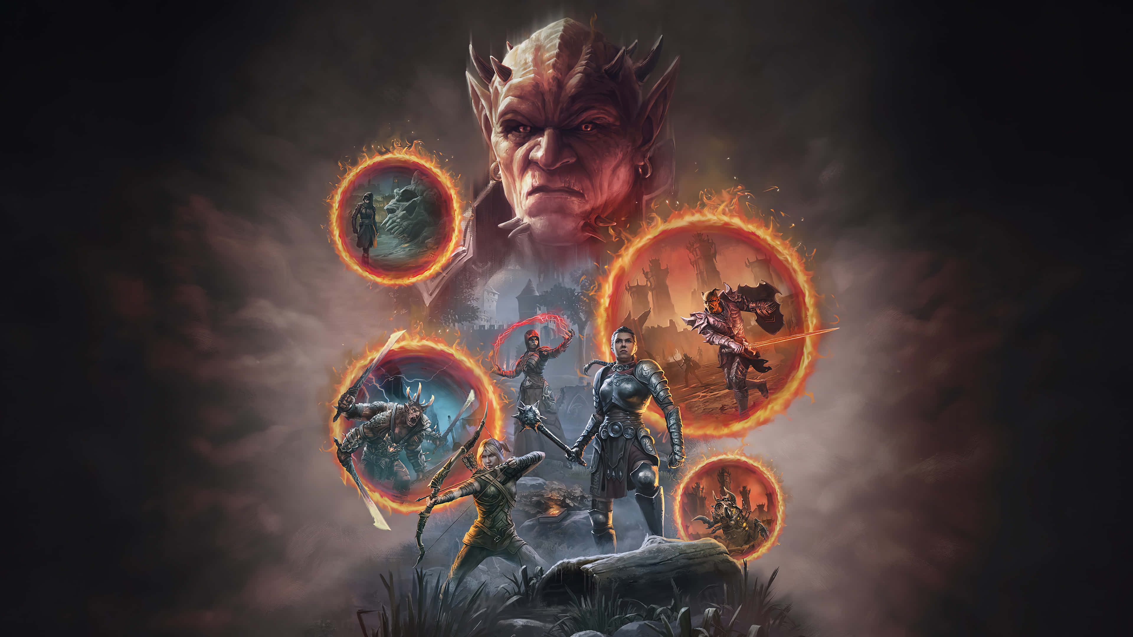 Rpg 桌布 壁紙 — 一個兇猛的惡魔面孔在風暴黑暗的天空下，籠罩著火焰圓形傳送門中的裝甲戰士。