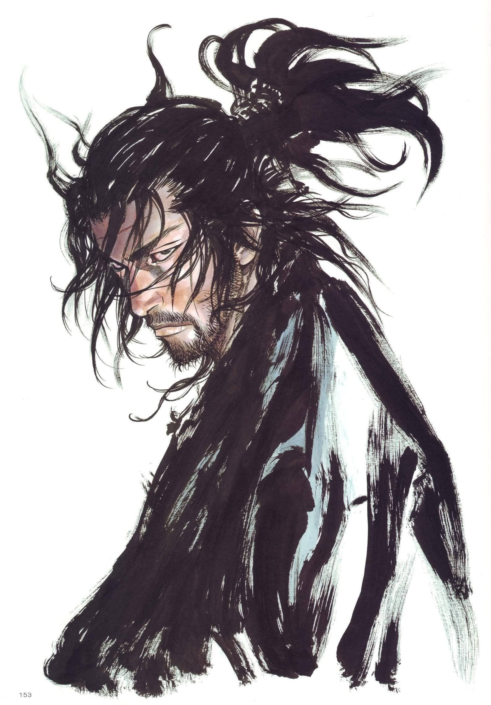 Warrior 桌布 壁紙 — 一個兇猛的戰士，有著狂野的黑髮和銳利的目光，在動態的水墨插圖中向下凝視。