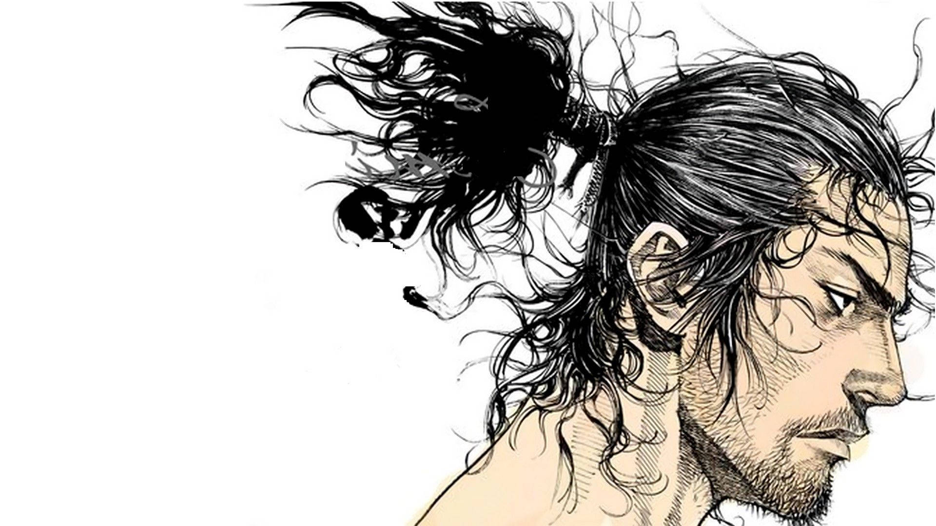 Vagabond 桌布 壁紙 — 一個兇猛的戰士，狂野的黑髮向後束起，在純白背景上以側面輪廓強烈凝視。