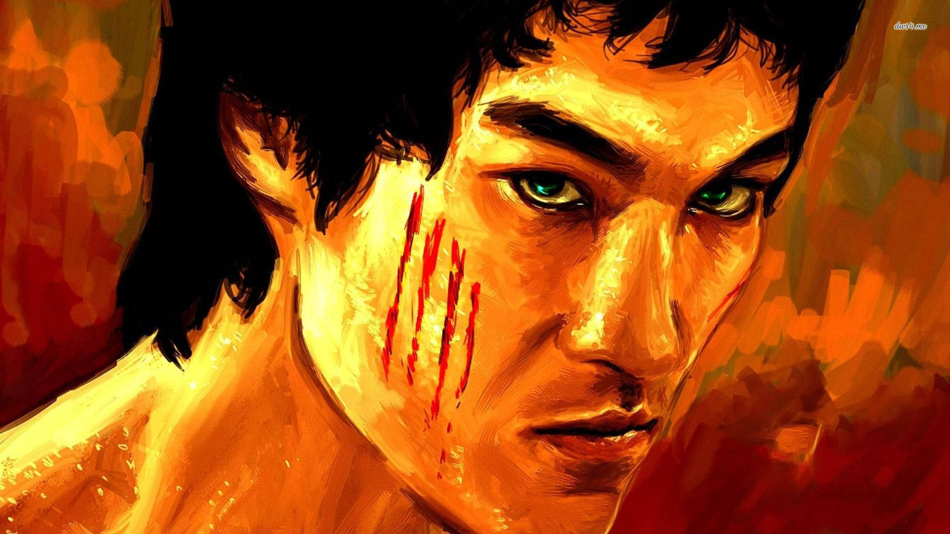 李小龍 桌布 壁紙 — 一個兇猛的戰士，綠色眼睛，臉上帶有血痕，在熾熱的橙色背景下凝視著。
