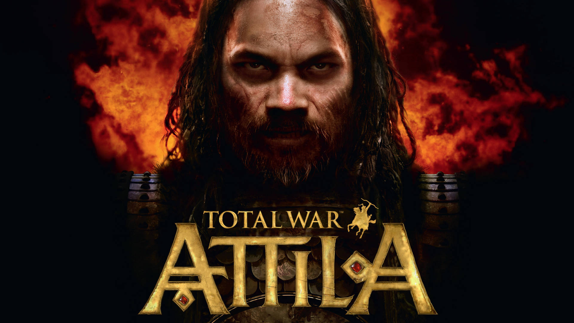 Attila 桌布 壁紙 — 一個兇猛的戰士，長著深色長髮和血跡斑斑的臉，在咆哮的火焰背景下凝視著。