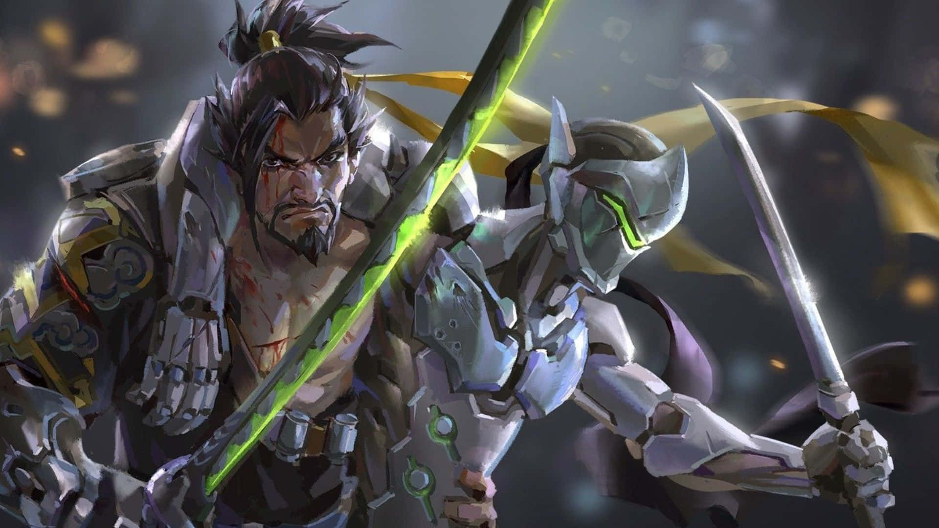 1920x1080 Overwatch 桌布 壁紙 — 一個兇猛的戰士手持發光的綠色劍，站在一個機械同伴旁邊，場景黑暗且充滿動作。
