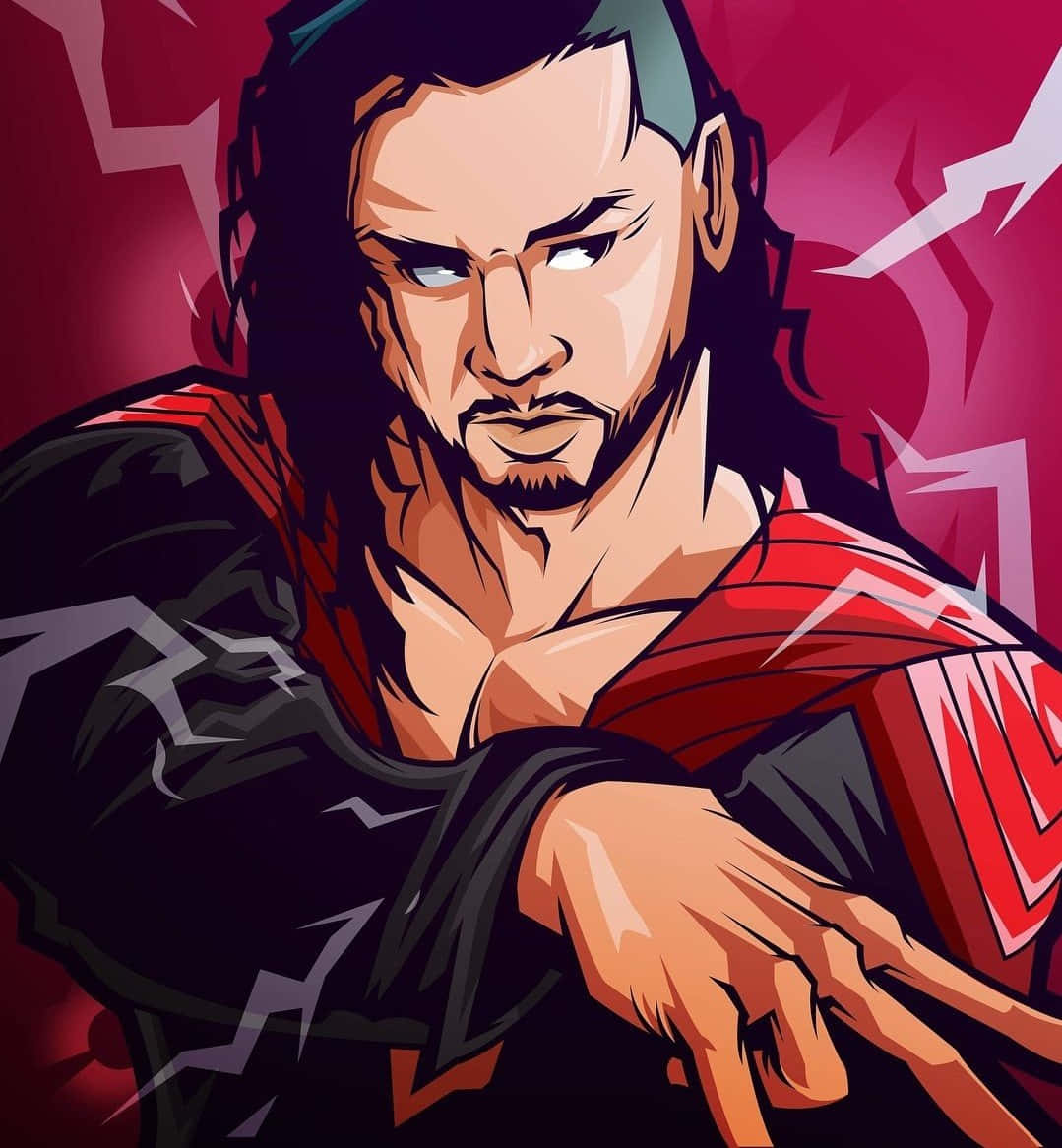 WWE 桌布 壁紙 — 一個兇猛的插圖摔角手，深色頭髮和紅色服裝，在裂開的紅色背景前強烈凝視。