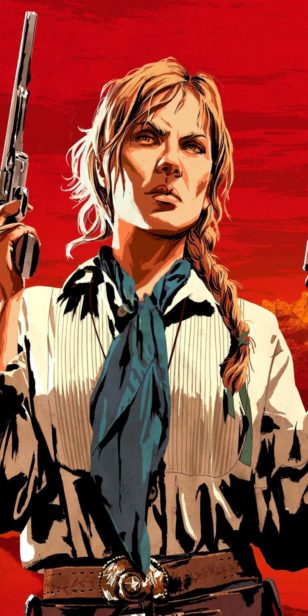 Red Dead Redemtion 2 桌布 壁紙 — 一個兇猛的插畫女性，編著辮子，戴著藍色領巾，手持左輪手槍，背景是鮮豔的紅色。