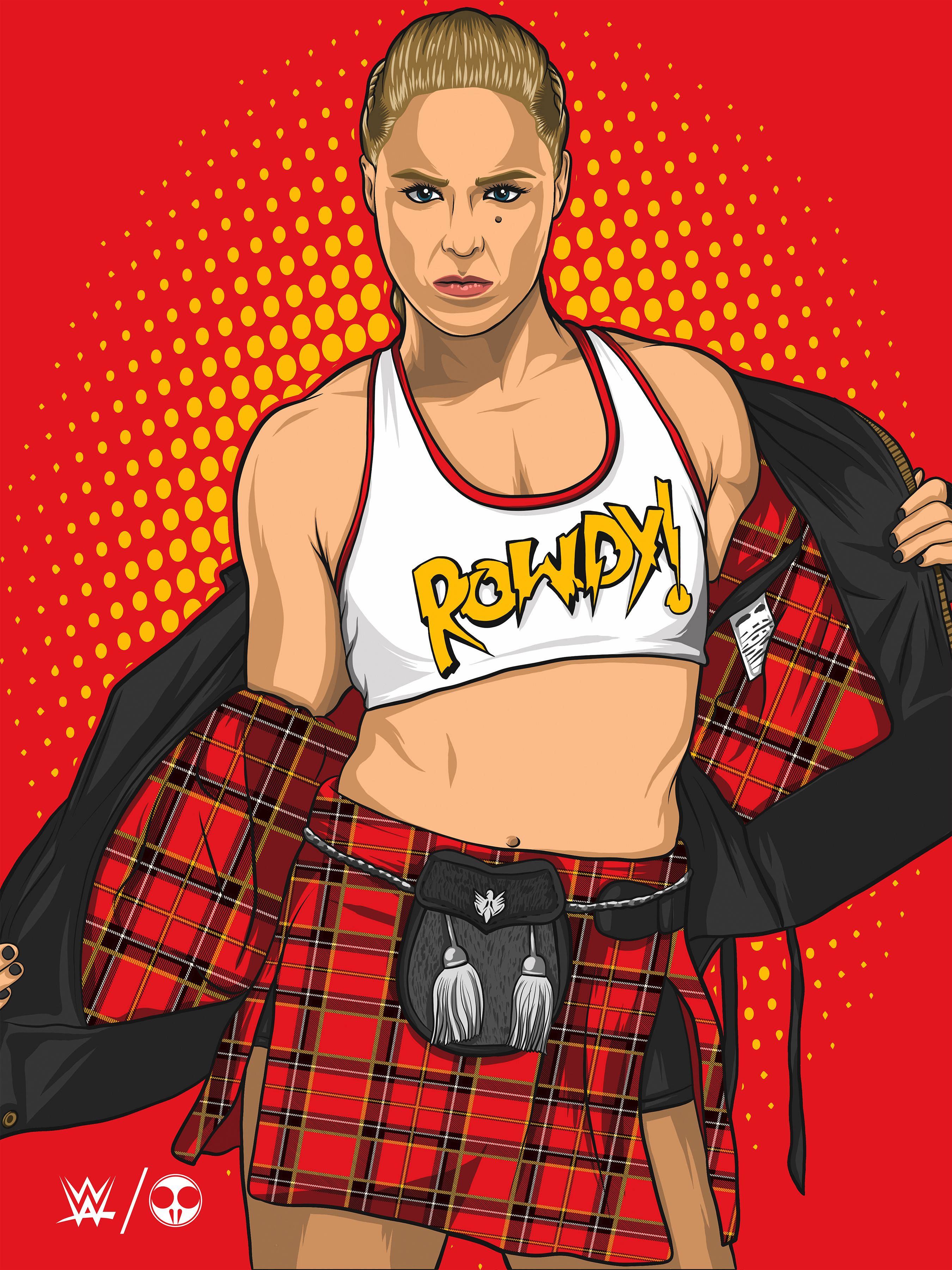 Rousey 桌布 壁紙 — 一個兇猛的插畫摔角手，穿著紅色格子裙和白色露臍上衣，上面印有「ROWDY!」，自信地站在充滿活力的紅色背景前，背景有黃色半色調圓點。