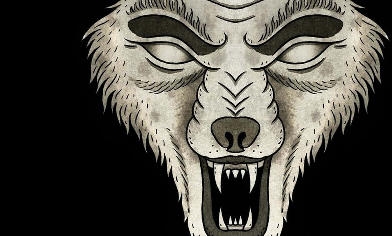Wolf Attack 桌布 壁紙 — 一個兇猛的插畫狼頭，露出牙齒，閉著眼睛，在純黑色背景上。