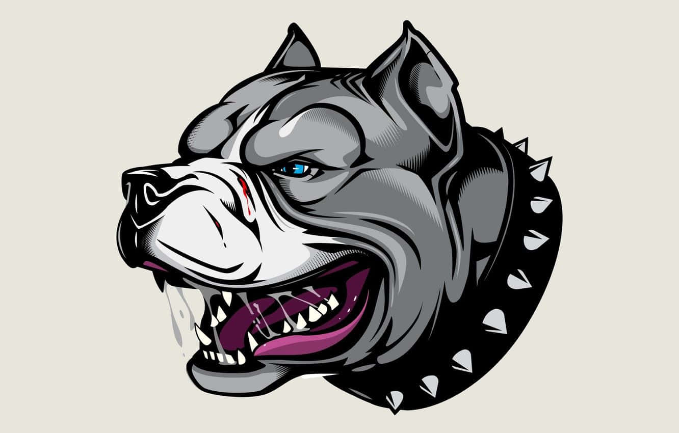 Black Pitbull 桌布 壁紙 — 一個兇猛的插畫鬥牛犬頭，戴著尖刺項圈，露出鋒利的牙齒和發光的藍色眼睛，背景為米色。