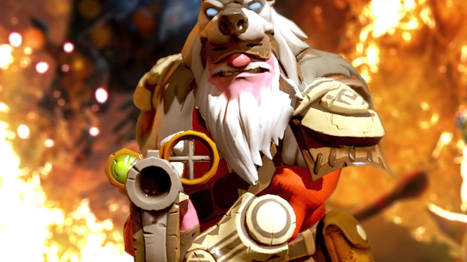 Dota 2 Sniper 桌布 壁紙 — 一個兇猛的擬人化熊戰士，有白鬍鬚，在猛烈爆炸中揮舞未來武器。