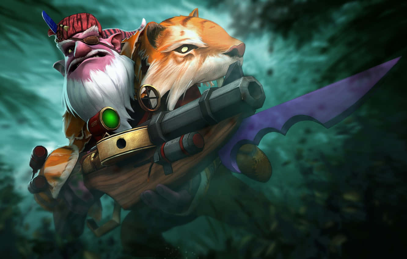 Dota 2 Sniper 桌布 壁紙 — 一個兇猛的擬人化狐狸戰士，擁有發光的綠色眼睛和紫色刀刃，衝過泥濘的綠色森林。