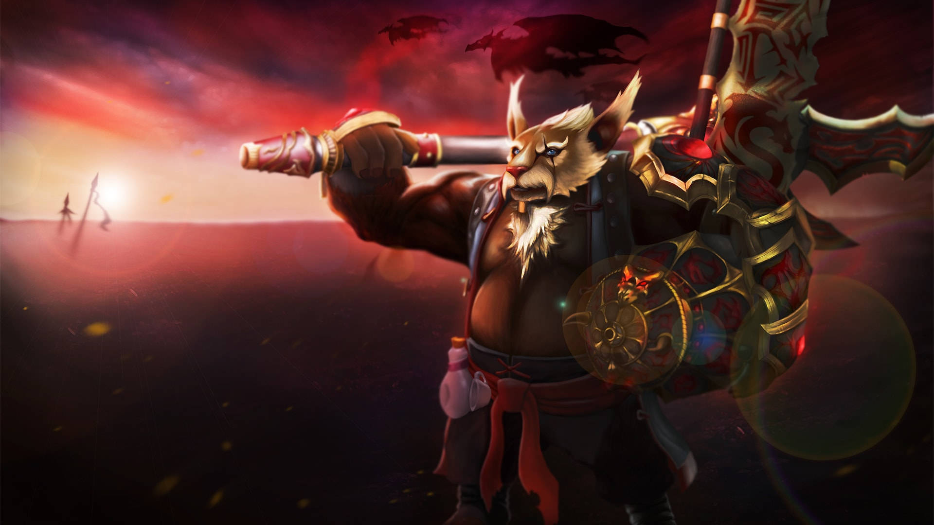 Dota 2 桌布 壁紙 — 一個兇猛的擬人化狐狸戰士，身穿華麗盔甲，在火紅的夕陽天空下揮舞著發光的劍，遠方有剪影。