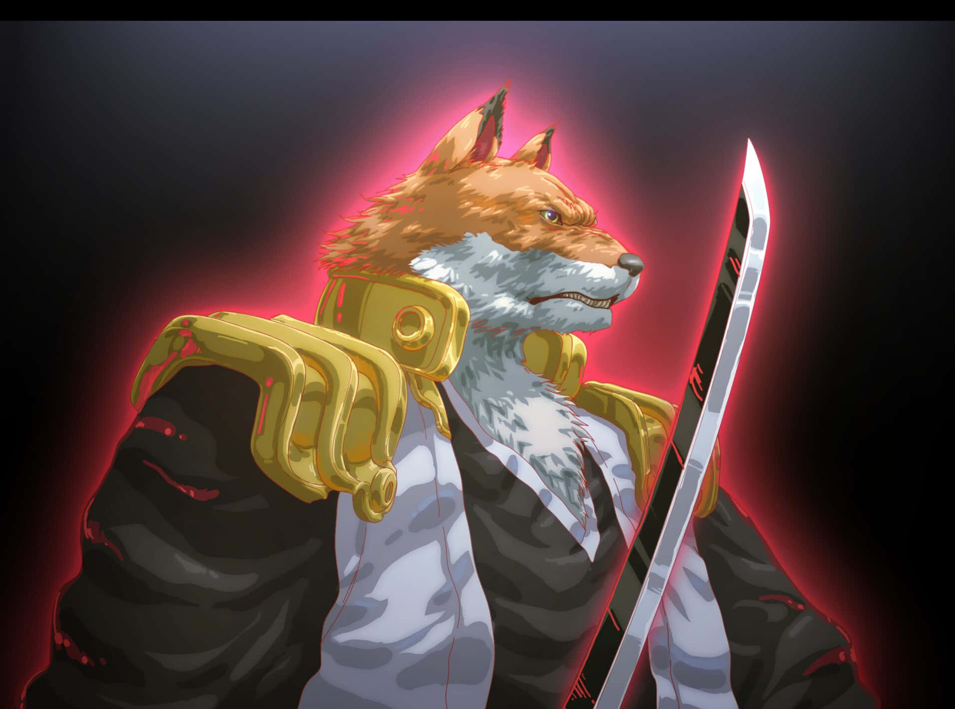 Sajin Komamura 桌布 壁紙 — 一個兇猛的擬人化狐狸戰士，身穿金色盔甲，揮舞著一把發光的劍，對抗暗紅色的光環。