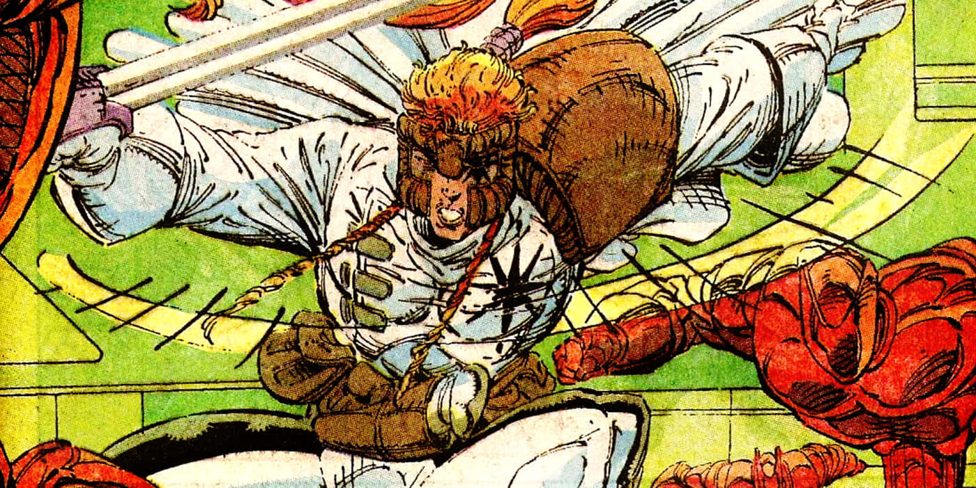 Shatterstar 桌布 壁紙 — 一個兇猛的擬人化獅子戰士身穿白色盔甲，揮劍躍入戰鬥，對抗身穿紅衣的敵人。