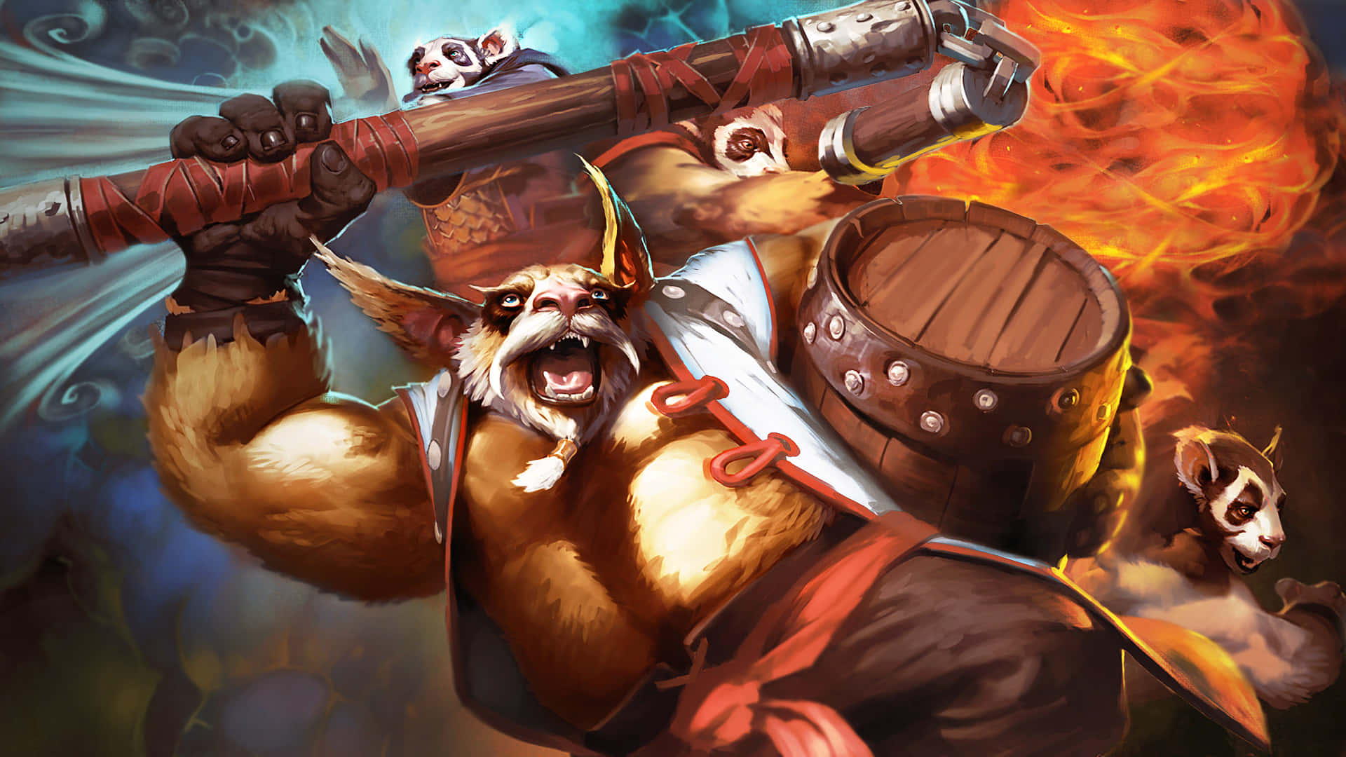 1920x1080 Dota 2 桌布 壁紙 — 一個兇猛的擬人化野豬戰士咆哮著，與狐猴同伴一起揮舞著巨大的火焰長柄武器，處於動態的奇幻戰鬥場景中。