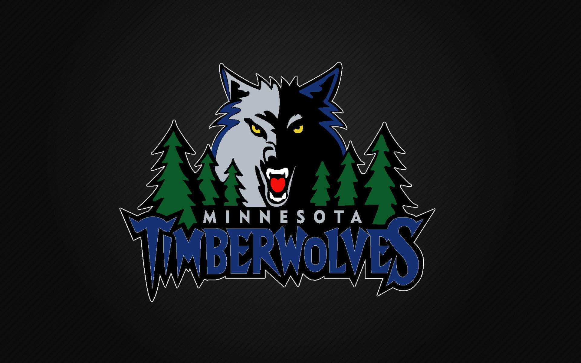 Timberwolves 桌布 壁紙 — 一個兇猛的明尼蘇達灰狼標誌，半灰半黑的狼在深色紋理背景上的綠色松樹後嚎叫。