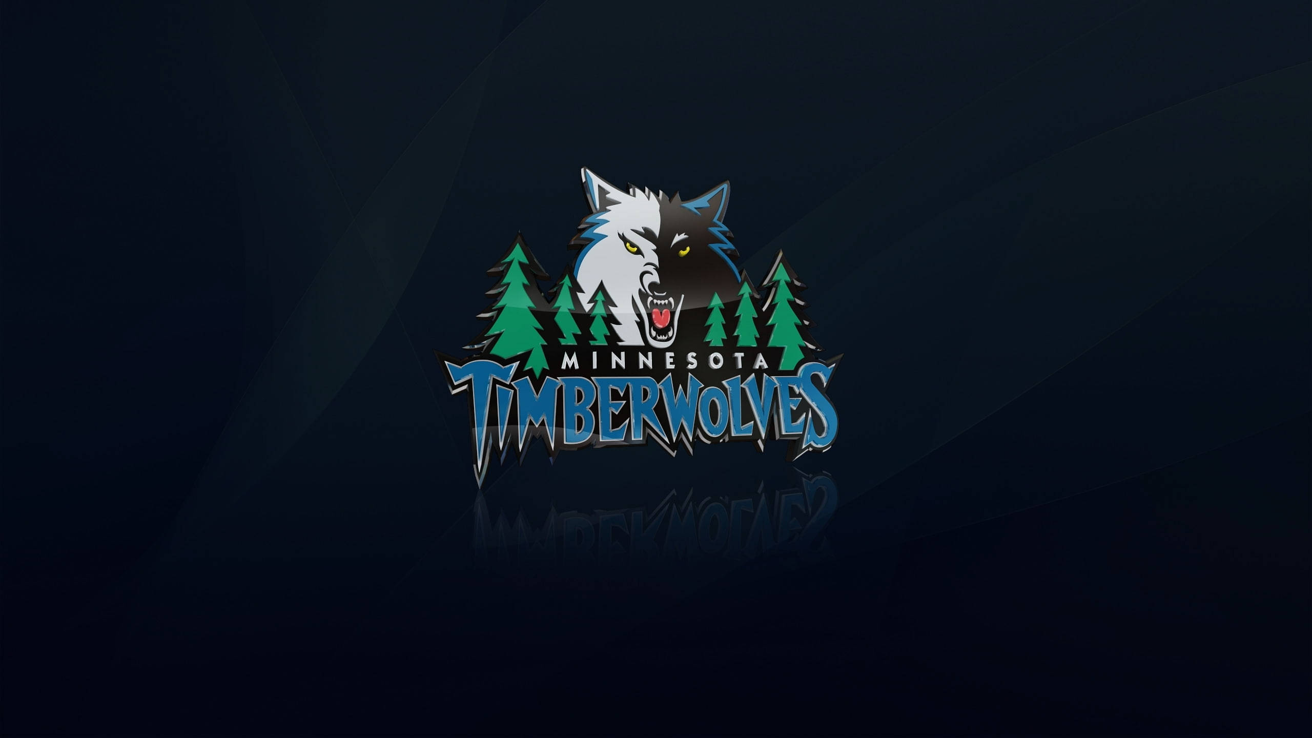 Timberwolves 桌布 壁紙 — 一個兇猛的明尼蘇達灰狼隊標誌，帶有咆哮的狼和松樹，在深色幾何背景上發光。