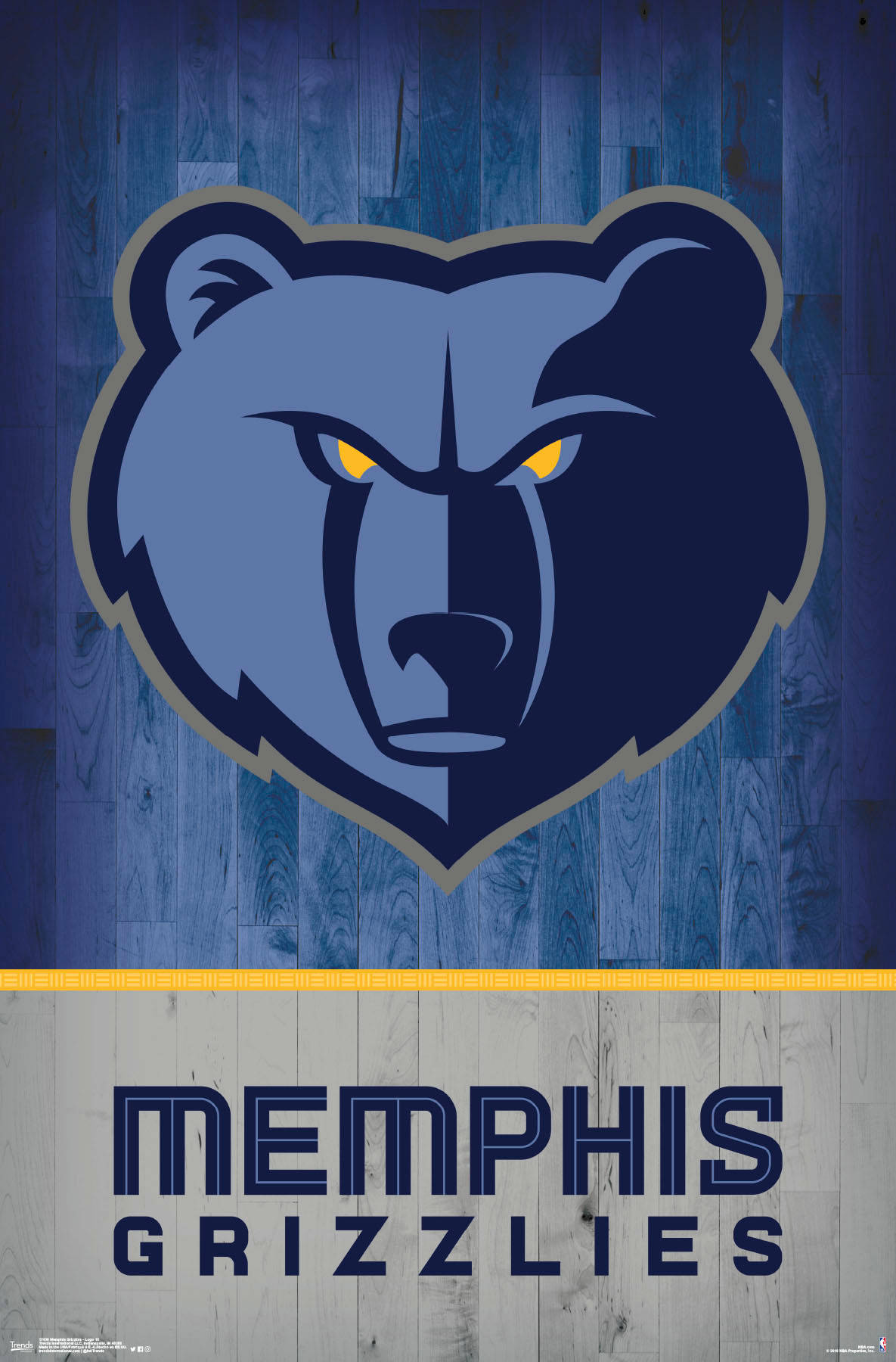 Grizzlies 桌布 壁紙 — 一個兇猛的曼菲斯灰熊隊熊標誌，帶有發光的黃色眼睛，置於藍色木質背景上。
