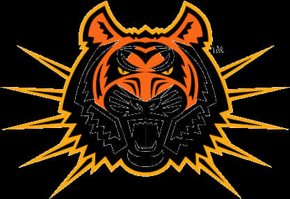 Mascot Logo 桌布 壁紙 — 一個兇猛的橙色和黑色老虎頭標誌，其輪廓上迸發出鋸齒狀的黃色射線，背景為黑色。