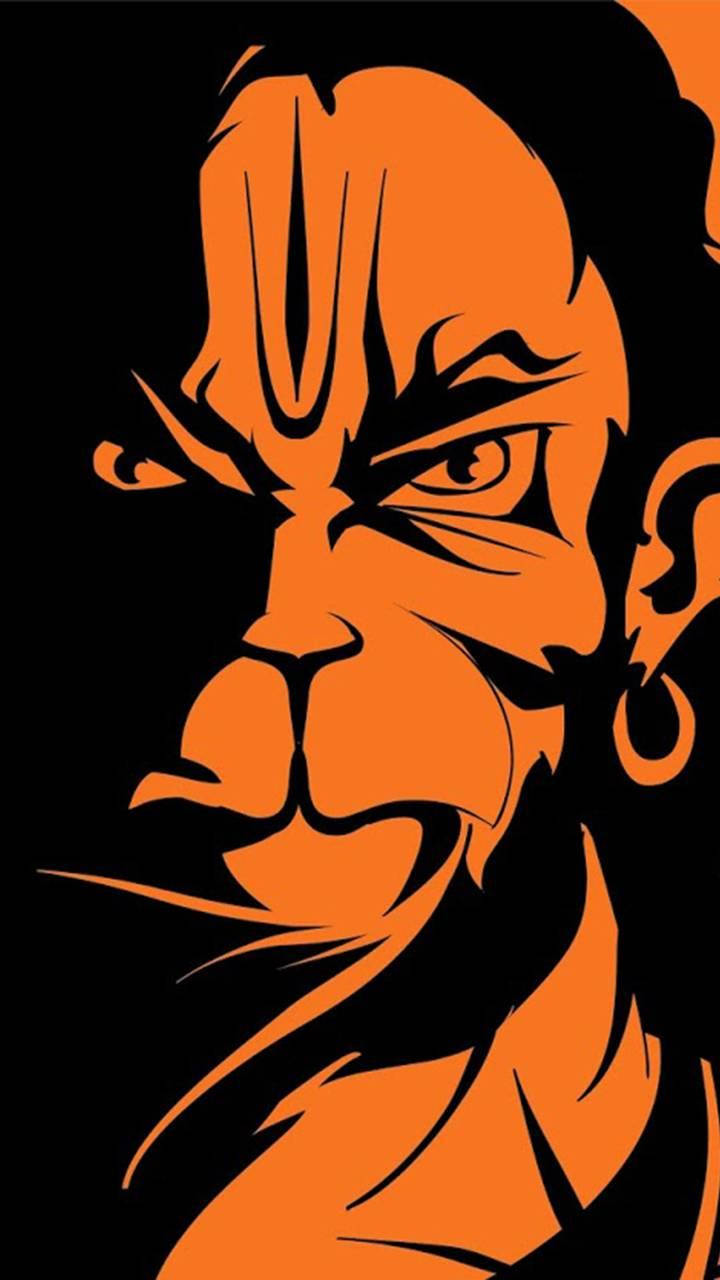 angry hanuman 桌布 壁紙 — 一個兇猛的橙色猴子臉，帶有強烈的眼睛和部落標記，背景為黑色。