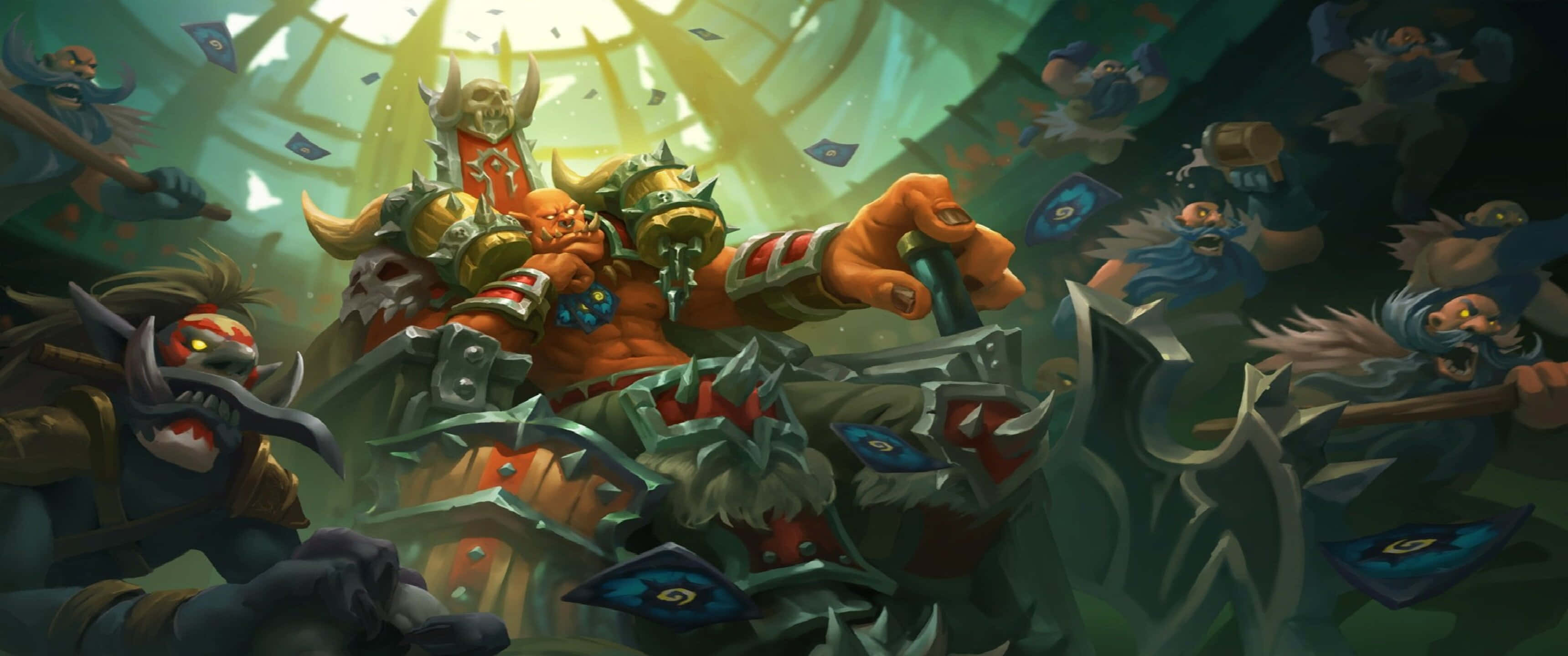 3440x1440p Hearthstone 桌布 壁紙 — 一個兇猛的橙色皮膚獸人 warlord，身穿華麗盔甲，在發光的穹頂下帶領怪物盟友進行混亂的戰鬥。