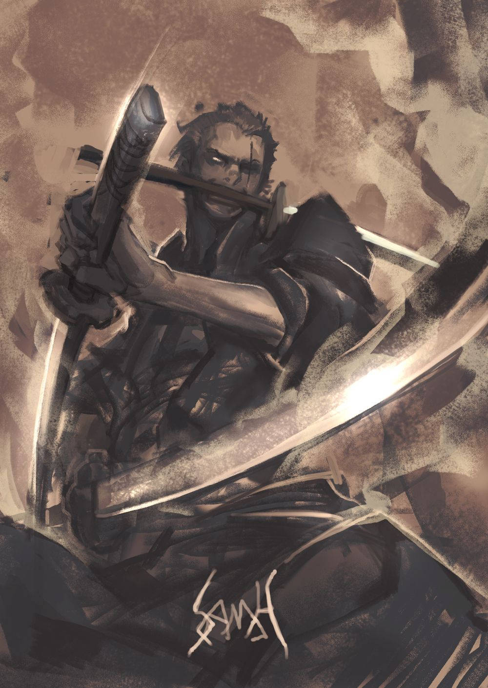 索隆 桌布 壁紙 — 一個兇猛的武士戰士在旋轉的棕色和米色抽象背景前以動態姿勢握緊他的劍。