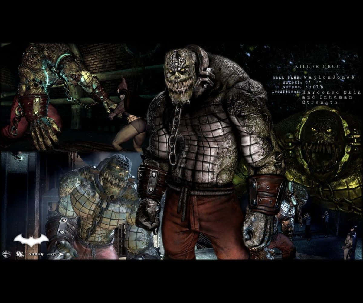 Killer Croc 桌布 壁紙 — 一個兇猛的殺手鱷站在骯髒的城市小巷中央，周圍有其他怪異的變種人，光線昏暗且充滿氣氛。